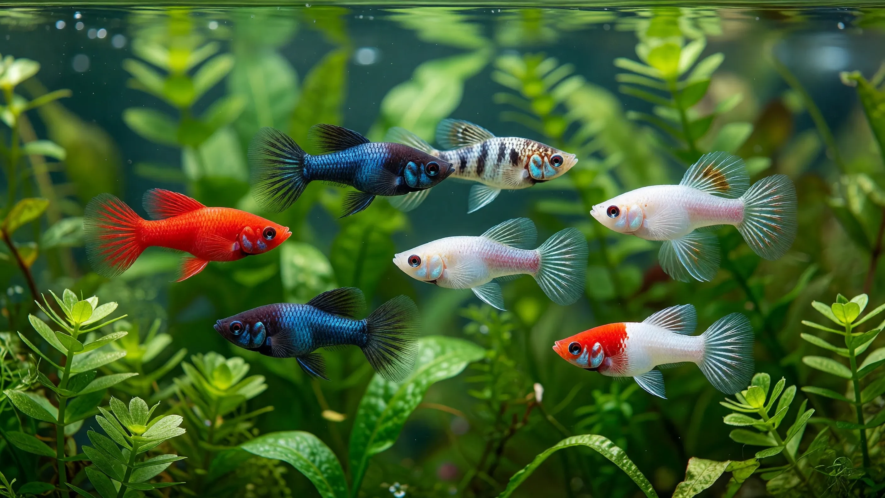 ปลาหางนกยูงตัวผู้หลายสายพันธุ์ว่ายรวมกันในตู้ไม้น้ำ มีทั้งสีแดงล้วน สีน้ำเงินเข้ม ตัวลายแถบ ตัวขาวตาแดง และตัวขาวหัวแดง